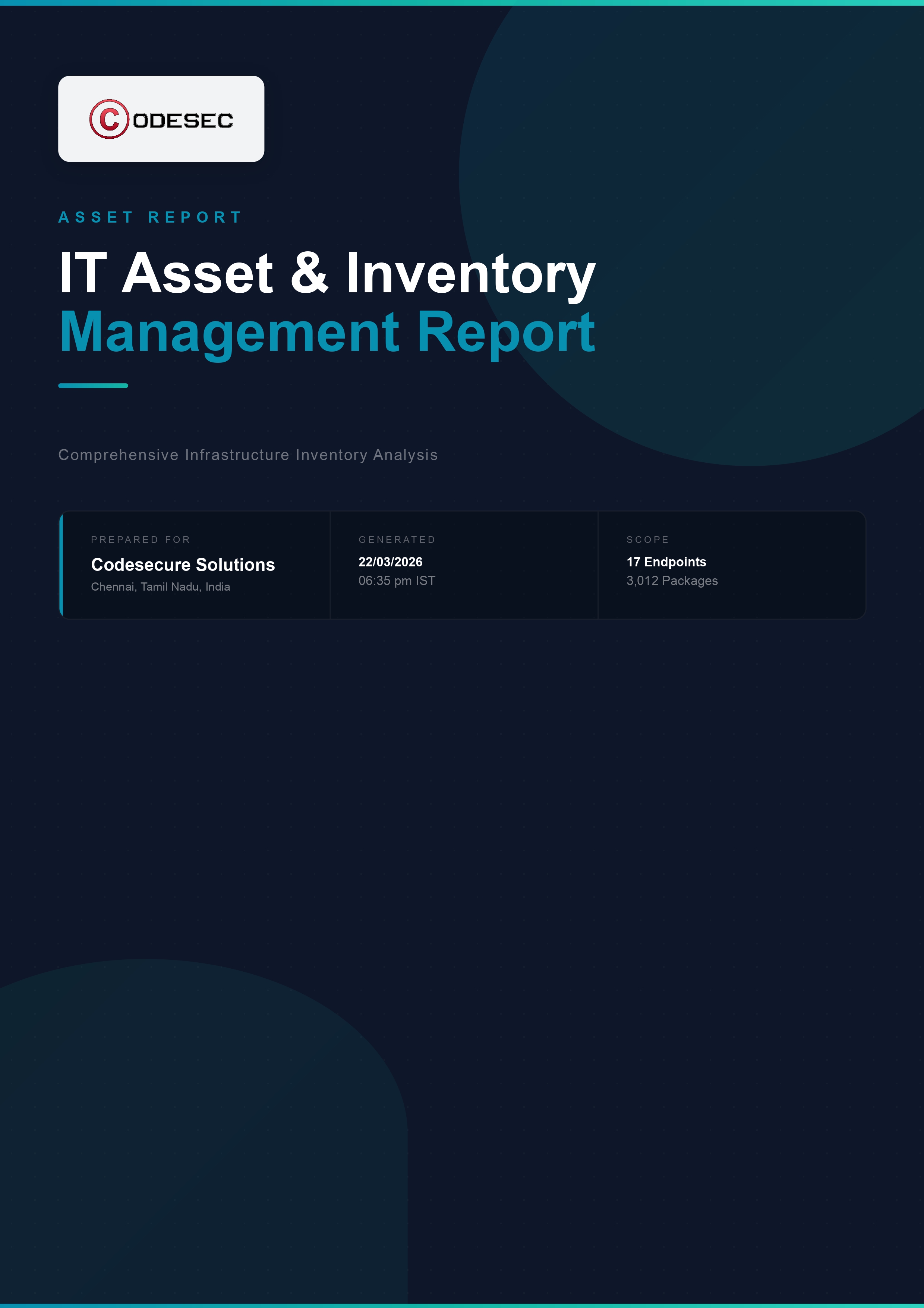 IT Asset and Inventory Management Report cover page showing 17 endpoints and 3,012 packages