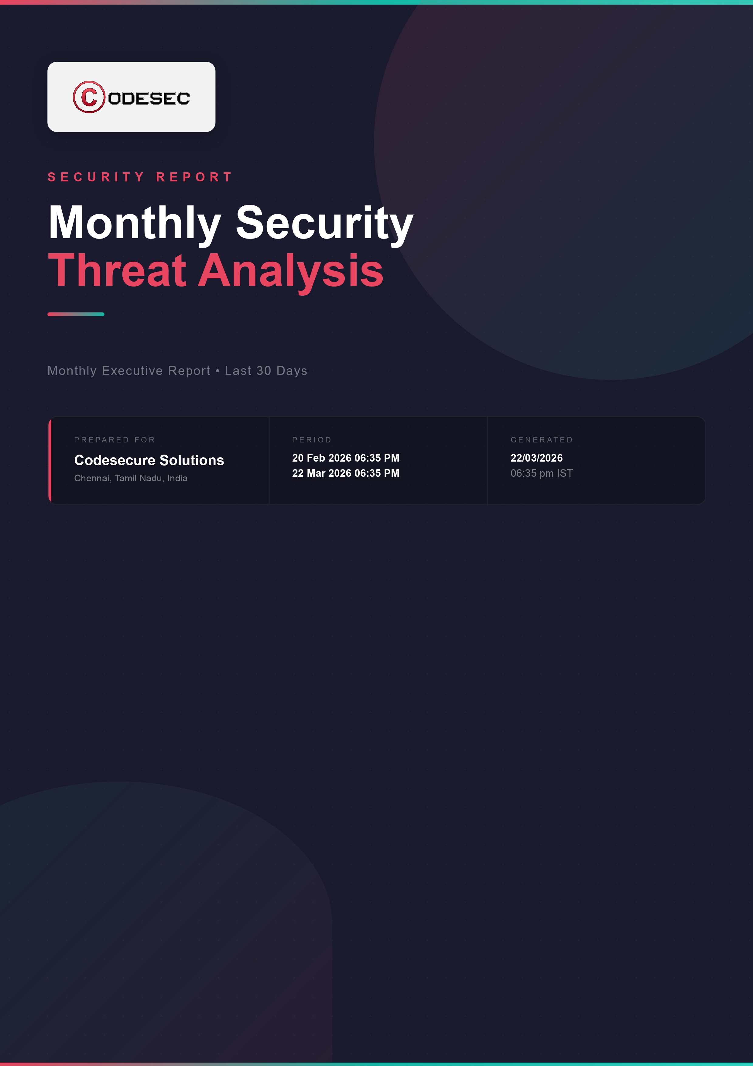 Monthly Security Threat Analysis Report cover page branded for Codesecure Solutions